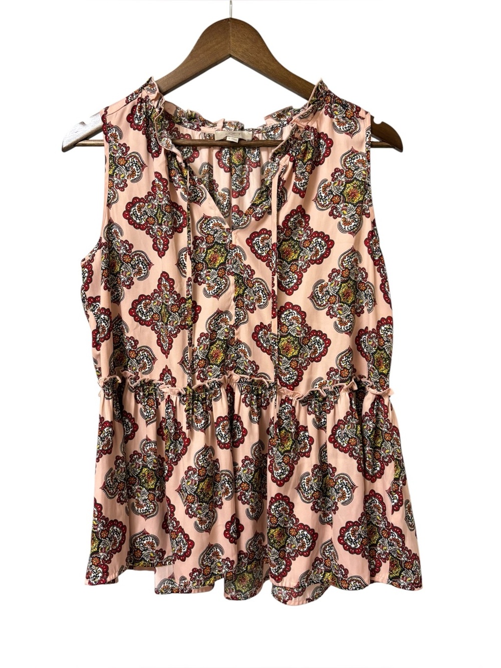 Loft sleeveless pink floral medallion print gathered peplum waist boho Tank M